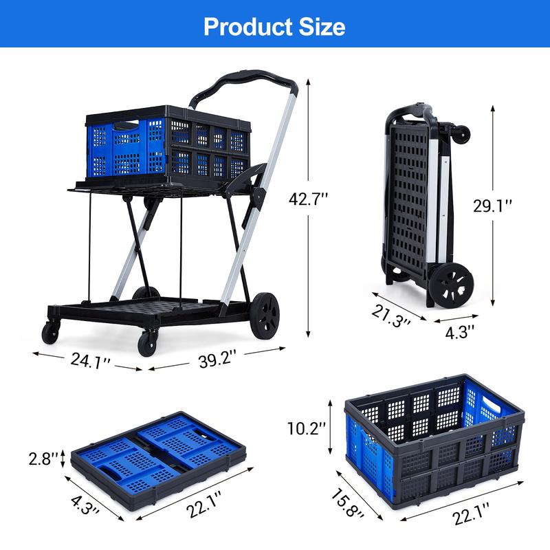 GARVEE Collapsible 2-Tier Rolling Storage Cart with Removable Crate, Multi-Use Folding Portable Grocery Cart on Wheels for Home, Office, Picnic, and More