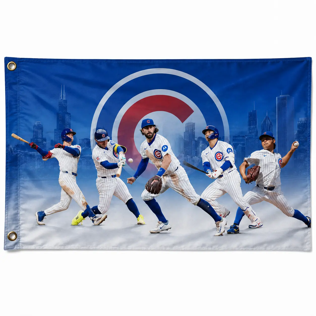 The Cubs Flag 3x5 Ft, Blue White Red Sports Team Wall Banner with Dynamic Player Collage, Fan Cave Garage Bedroom Dorm Decor, Game Day Party Backdrop, Gift for Men, Dad, Husband, Collectors and Sports Fans