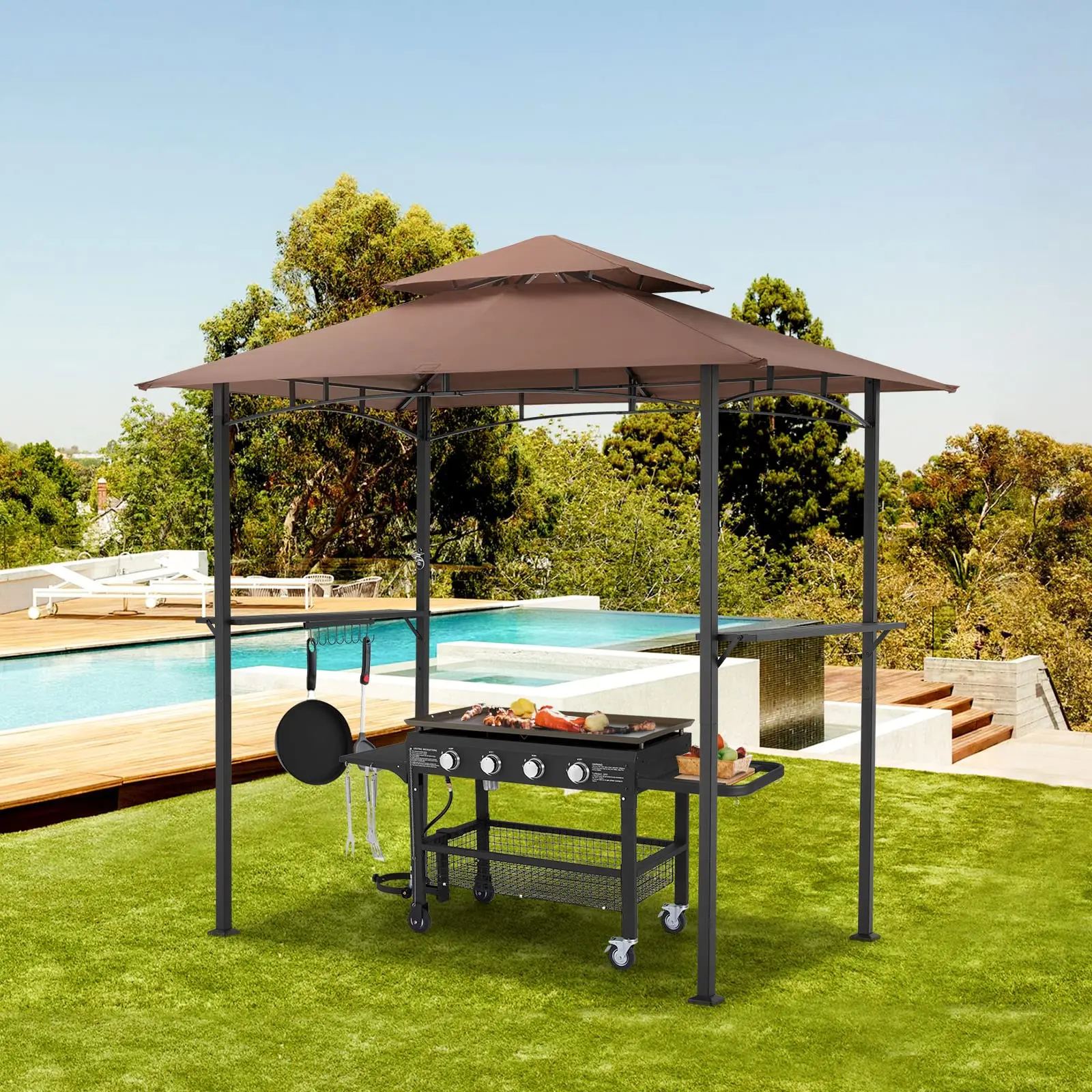 YODOLLA 8x5 FT Outdoor BBQ Grill Gazebo, Double Ventilated 2-Tier Canopy with Heavy-Duty Steel Frame, Side Storage Shelves & Tool Hooks, All Weather Patio Backyard Grill Shelter