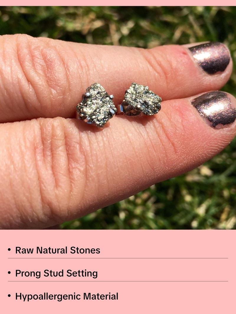 Pyrite Raw Natural Earrings in Prong Stud Setting - Sterling Silver