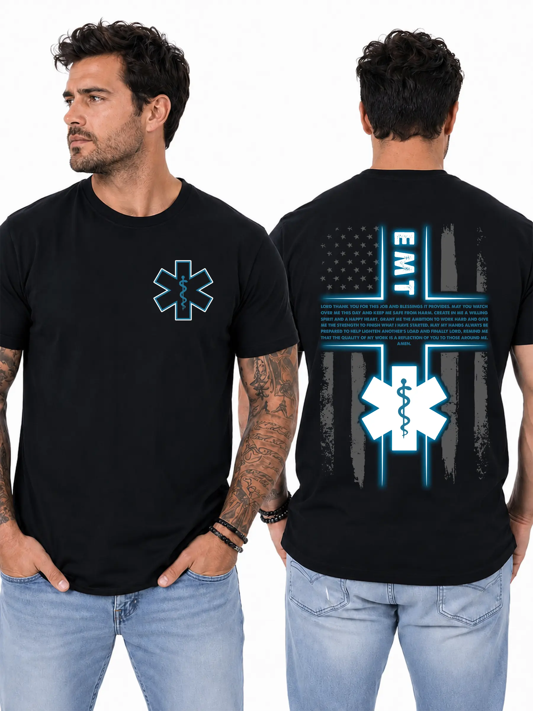 EMS Thin Blue Line T-Shirt, Emergency Medical Services Flag & Star of Life Graphic, First Responder EMS Graphic Shirt for Paramedics & EMTs, Gift for EMS Heroes or Medical Workers Design