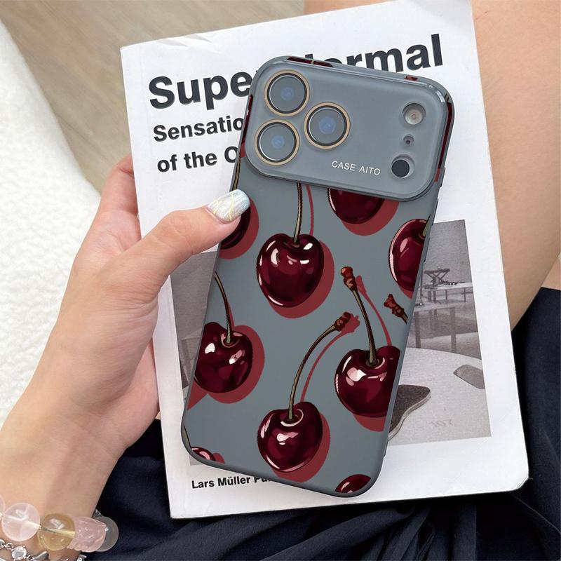 Low-Saturation Retro Red Cherry Pattern Dopamine Ins Style Solid Color Phone Case Ultra Skin Friendly Touch All Inclusive Lens Compatible with Apple iPhone 17 Air 16 15 14 13 12 Por Max