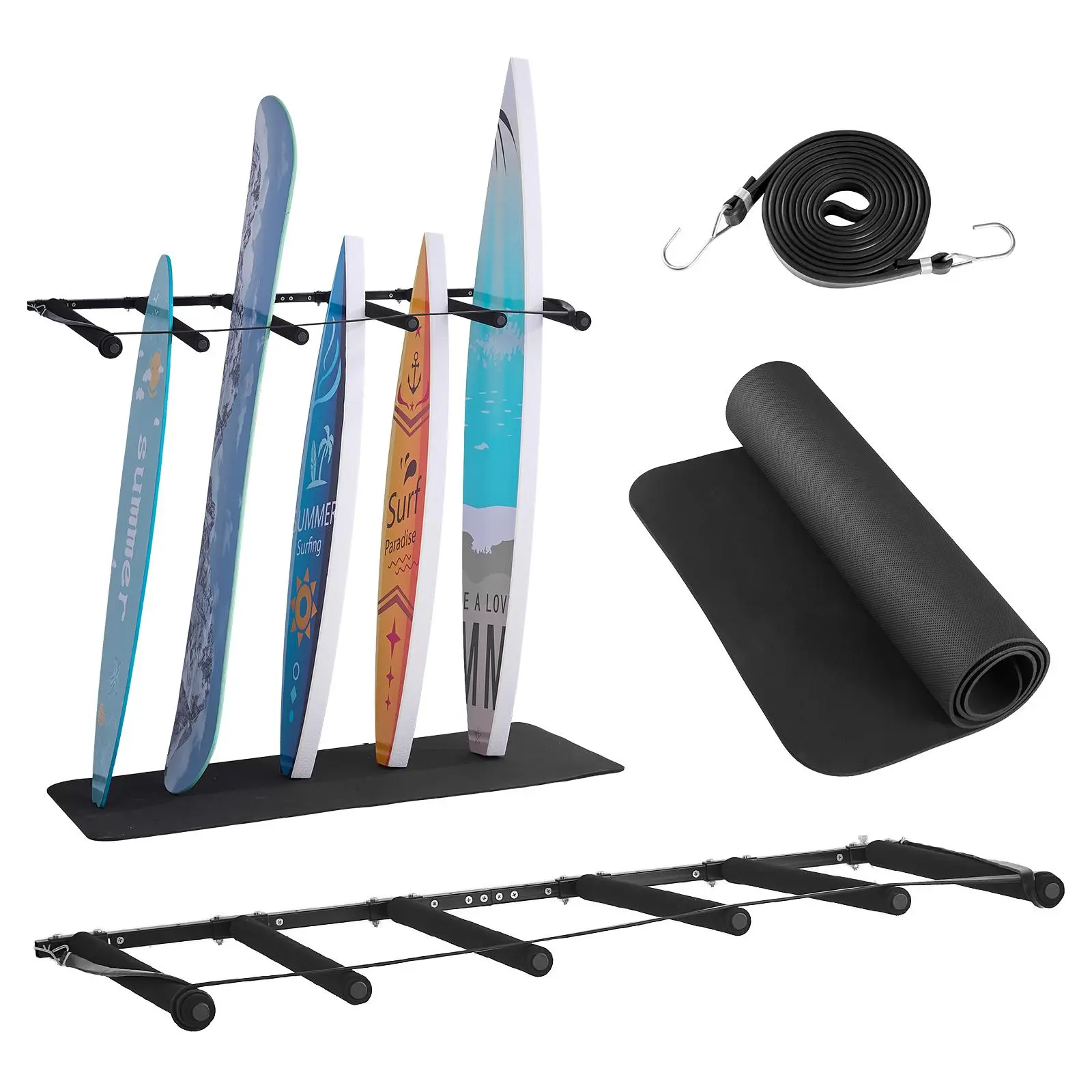 Wall Storage Rack, 5-Tier Vertical Adjustable Carbon Steel Mount for Surfboards & Skateboards, Long-Lasting & Rust Resistant with No-Damage Protective Pads & 2.3 m Safety Rope, Space-Saving, With Protector, Durable, Board Storage, Multiple Tiers, Multi-Bo