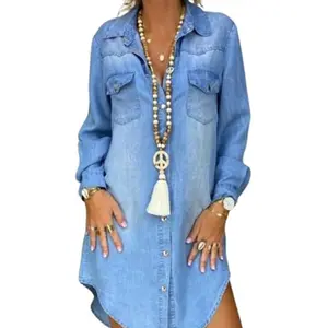 Women's Plus Size Denim Dress, Long-sleeved Lapel Casual Solid Color Denim Shirt, Suitable for any Season.