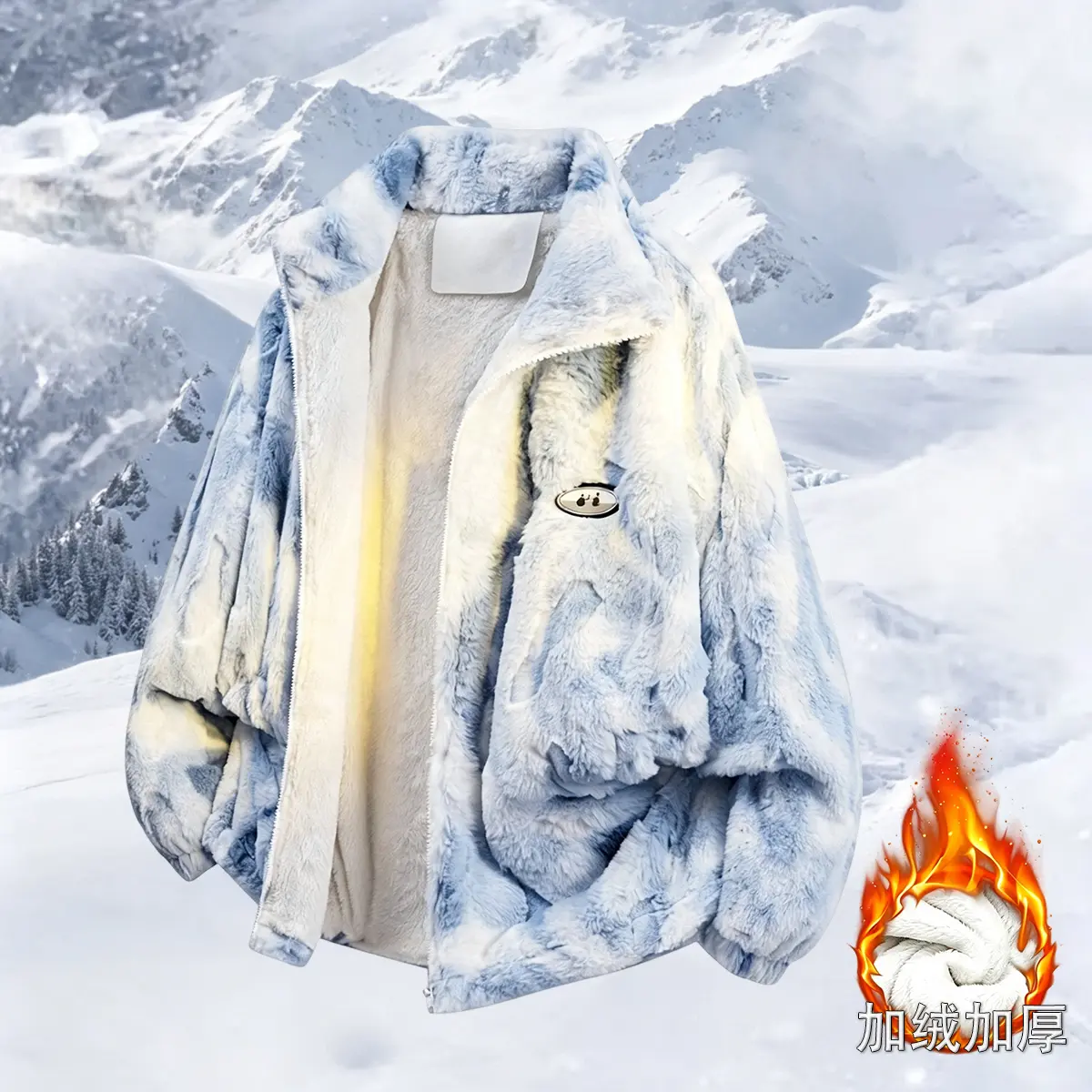 Men’s plush jacket – lightweight, warm, fluffy and comfortable; gradient pattern; hook-and-loop closure; skin-friendly and soft; men’s winter outerwear, windproof and cold-resistant, faux shearling fleece stand collar jacket