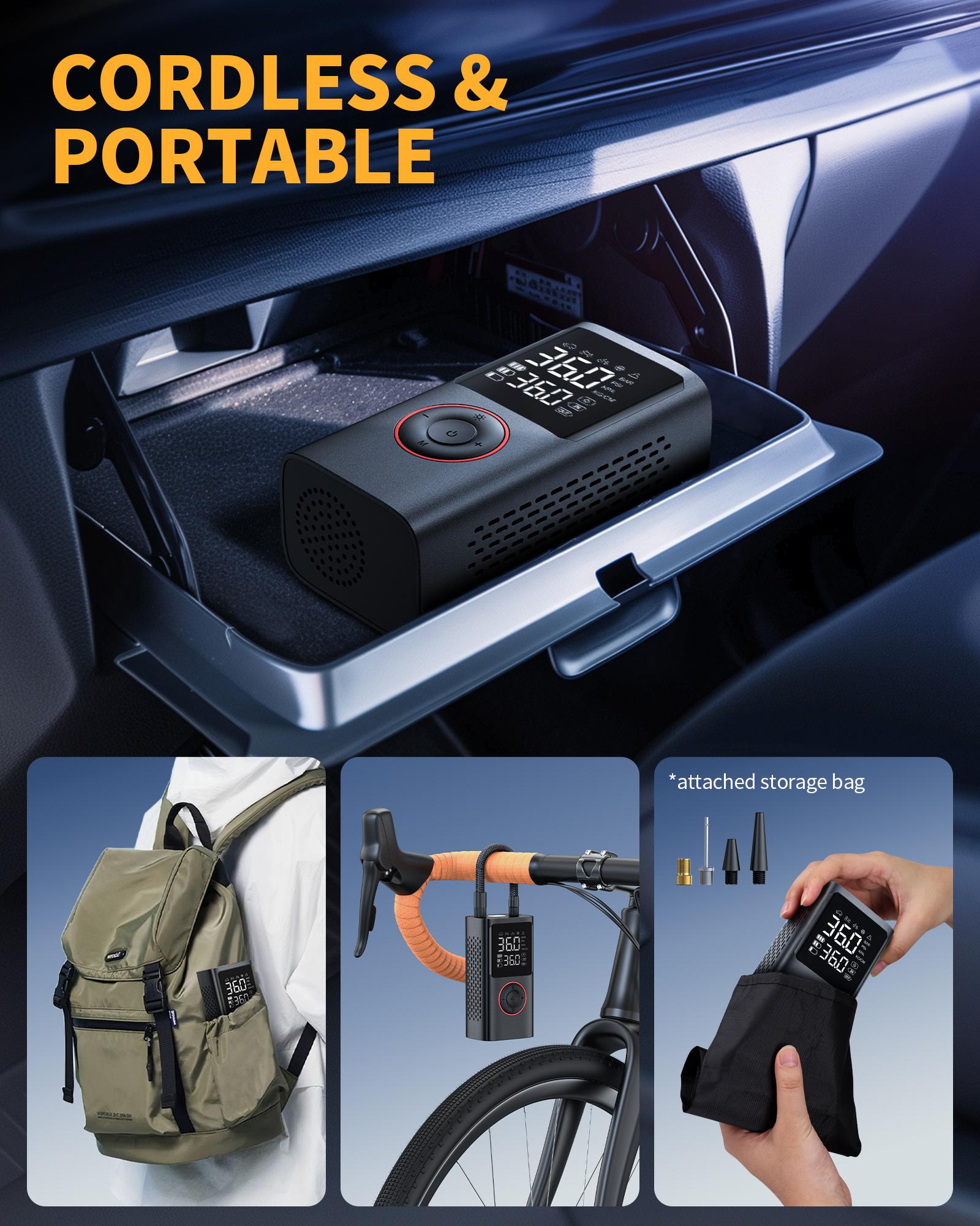 Powools  Cordless Tire Inflator Portable Air Compressor with Large Capacity Battery Wireless Digital Display Enhanced Safety Features for Cars & Inflatables