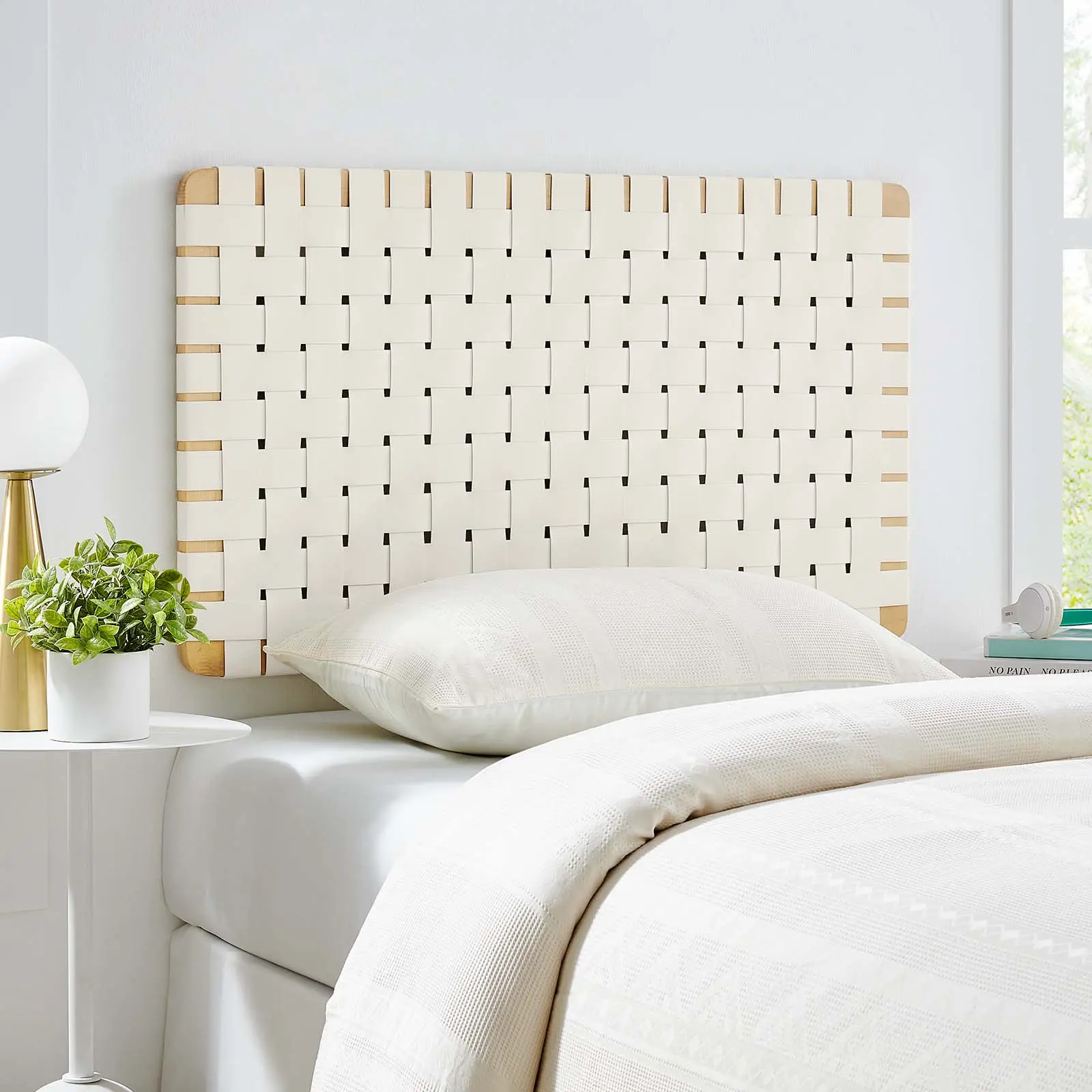 Modway Sparta Weave Wall-Mount Twin Vegan Leather Wood Headboard, Natural Beige Bed Headboard, College Dorm Room, Children's Bedroom, Pu Leather, Single