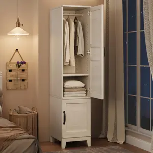Armoire Wardrobe Closet with 2 Doors, Wooden Wardrobe Cabinet, 72 in Narrow Tall Clothing Armoire Cabinet with 18 Adjustable Shelves, White