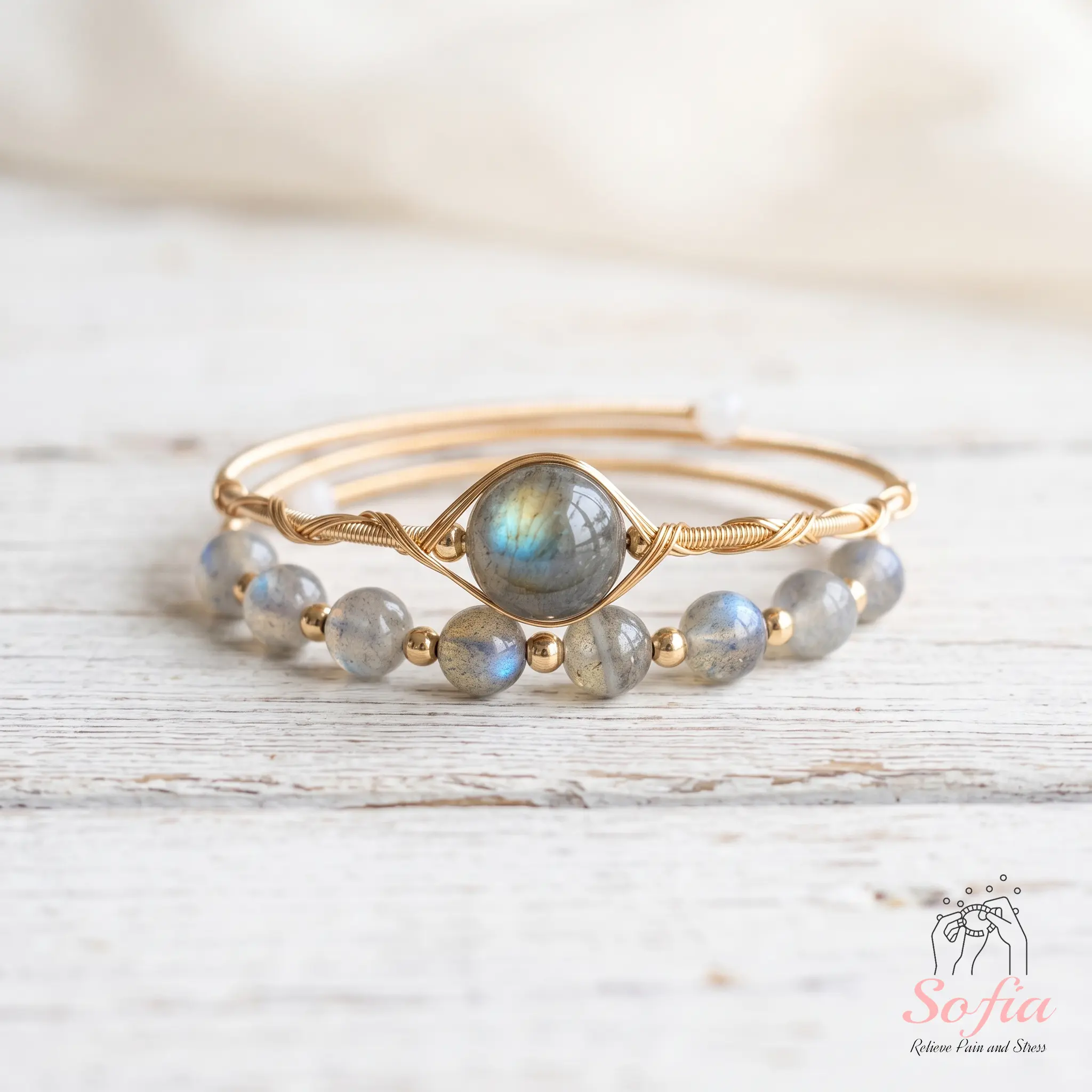 Sofia Natural Moonstone Wire Wrapped Bracelet | 14K Gold Filled Wired Bracelets | Double Layer Boho Style Jewelry, Gifts for her, Mother's Day Gift