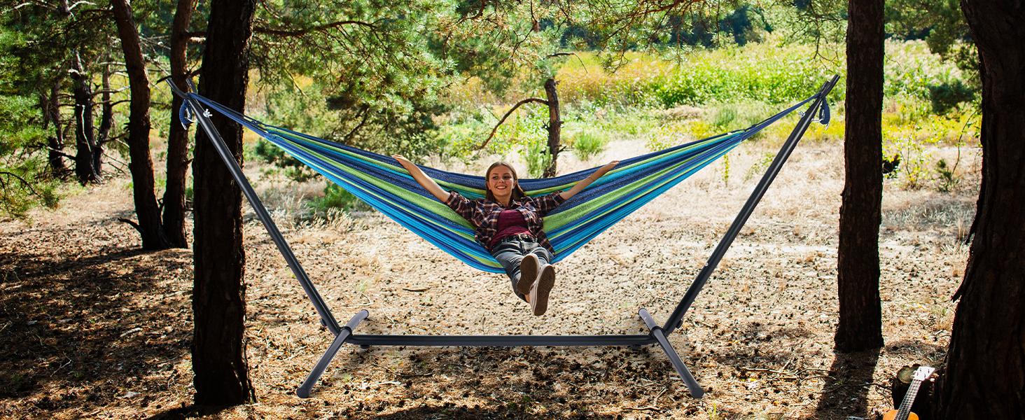 Double Hammock With Carry Bag, With Space-Saving Stand, Heavy-Duty Steel Frame, 450 Lb. Load Capacity, Easy To Assemble, For Patio, Park, Outdoors