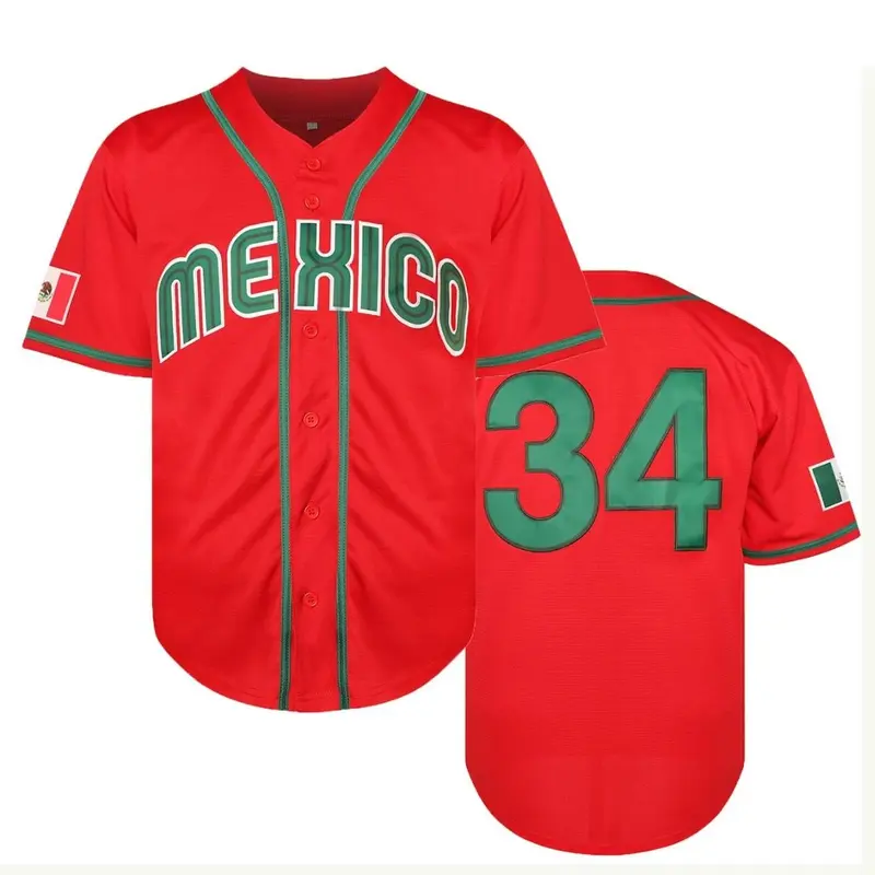 Mexico #34 Red Green Stitched Baseball Jersey Button Up Shirt with Mexican Flag Patch Embroidered Letters Classic Fan Apparel for Men Women