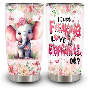 1pc 20oz Floral Elephant Love Tumbler with Lid, Insulated Travel Mug, Gift for Women Men, Ideal for Halloween, Independence Day, Memorial Birthday Gift, Coffee Cup, weird stuff