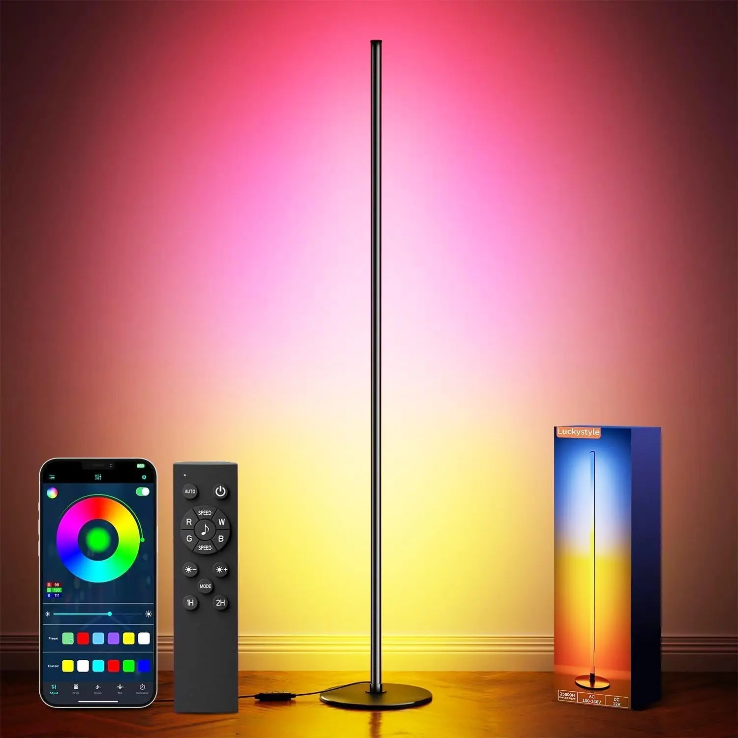 LuckyStyle Smart RGB+IC Corner Floor Lamp - Bright Adjustable LED Tall Modern Lamp with APP, Remote, Music Mode, Timing, Mood Lighting, Sensory Lights, Aesthetic Bases & Shades, Decor for Living Room, Bedroom