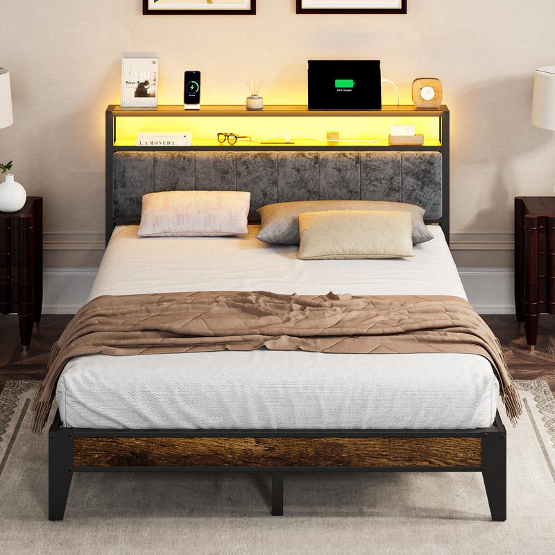 DAYAGO Twin/Full/Queen/King Bed Frame Metal Platform Bed with Headboard, 2-Tier Storage and LED Light, Charging Station Type C & USB Ports, No Box Spring Needed gamer  bed