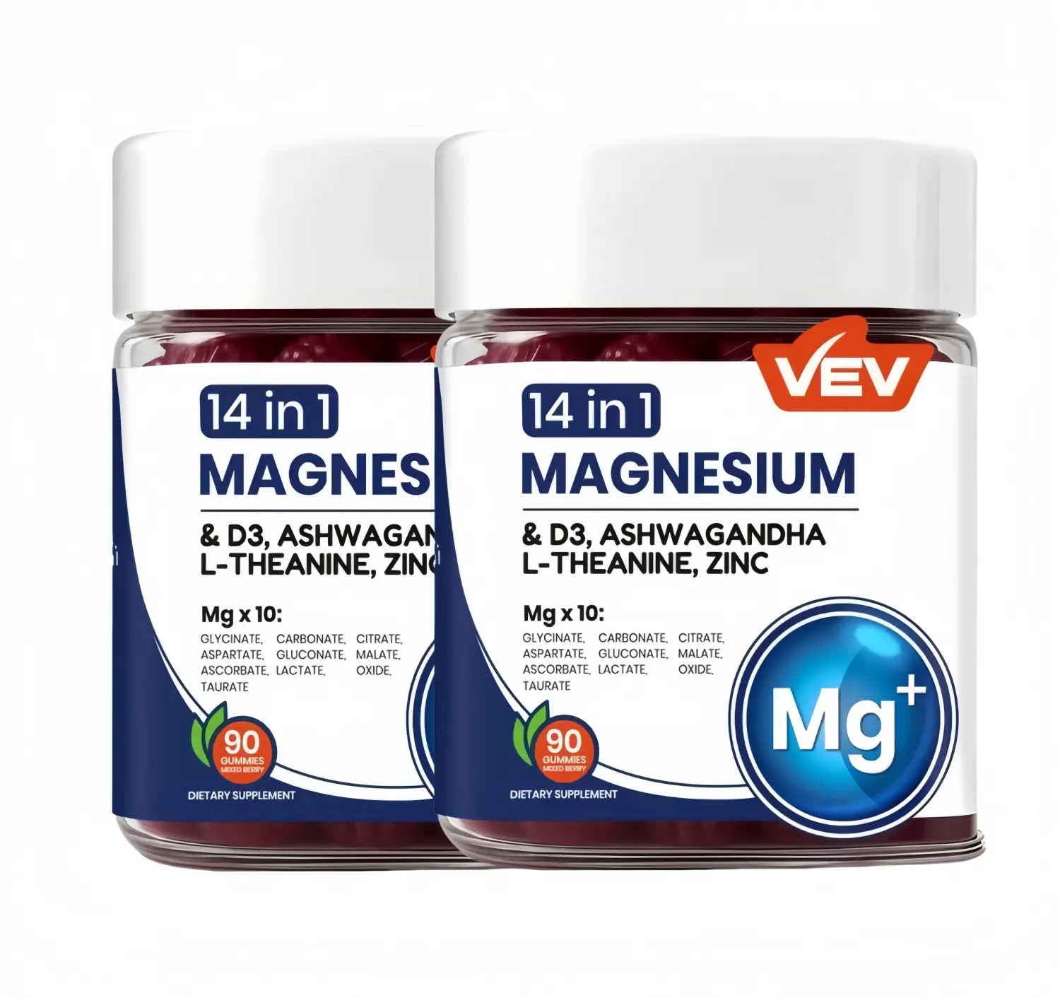 2 Pack 0 Added Sugar Magnesium Gummies (90 Each, 3 Month Full Supply) - 10-Form Complex with Ashwagandha, L-Theanine, D3, Zinc, Vegan, Gelatin-Free, Gluten-Free, Fruit Juice Mixed Berry Adult Mineral Supplement for Office Daily Nutrition & Brain Support