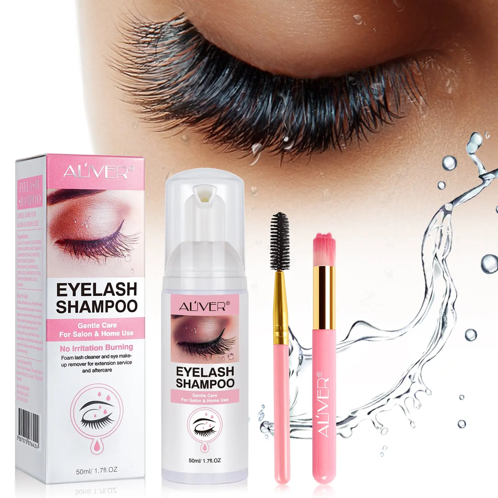 Aliver Eyelash Extension Shampoo 1.7fl OZ 50ml Gentle Care Lashed & Remove Eye Makeup with Cleansing Brush for Salon & Home Use Cosmetic Cleansing