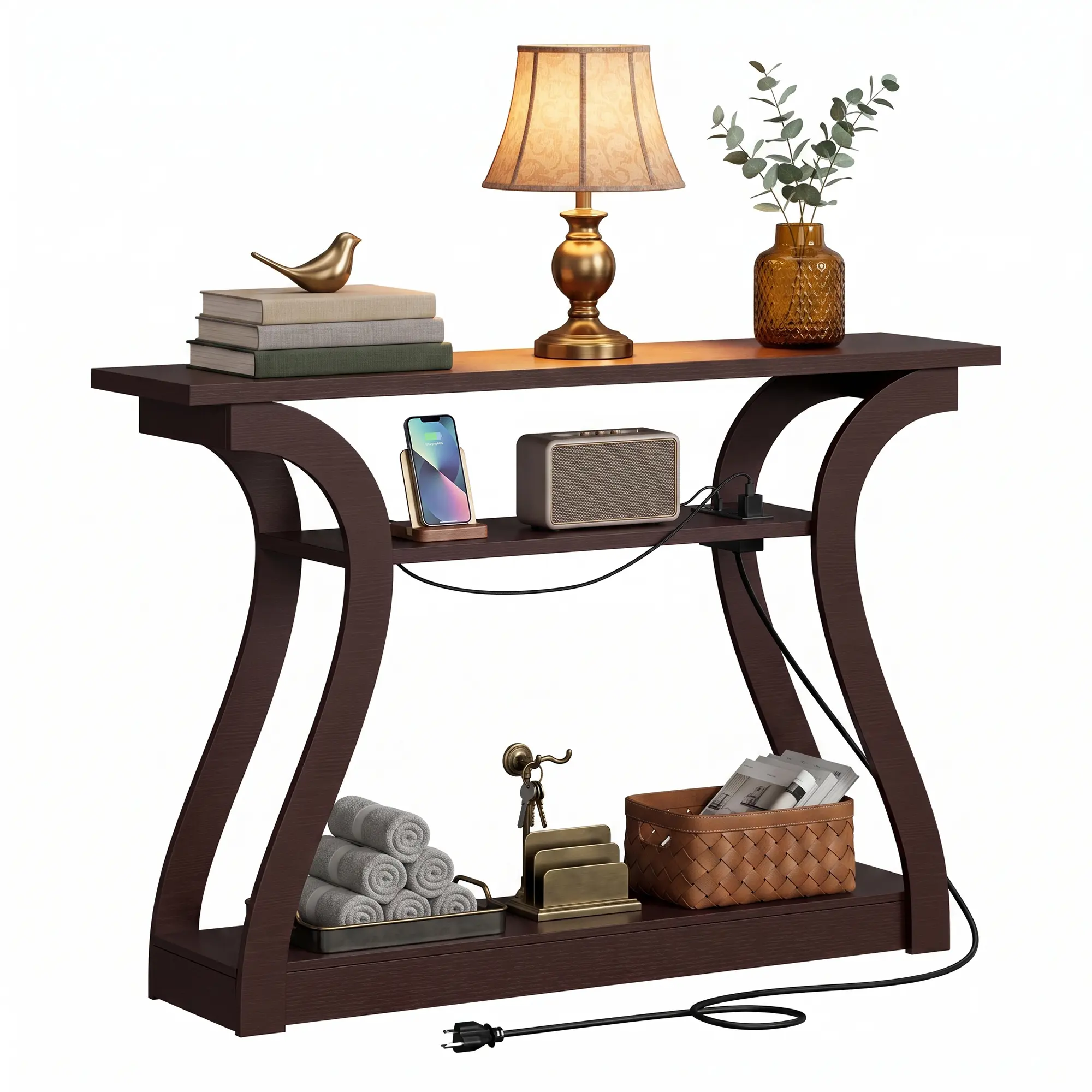 SEGAWE 47-in Modern Accent Table, 3-Tier Shelves Console Table or Updated with Charging Station, TV Stand Living Room, Entryway Table, Living Room Furniture