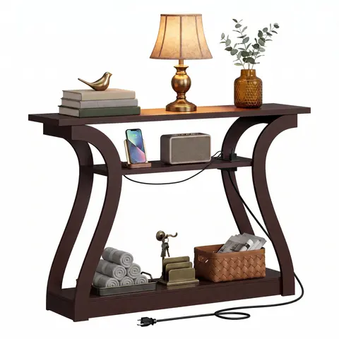 SEGAWE Indoor Furniture Table - 47.3"x11.4"x32.1" 3-Tier Freestanding Console, Tabletop Socket, 66 lbs/Shelf Capacity, MDF Surface, Modern Arc Panels, Furniture for Small Spaces, Assembly Required, Multi-Functional Entryway Piece or TV Stand