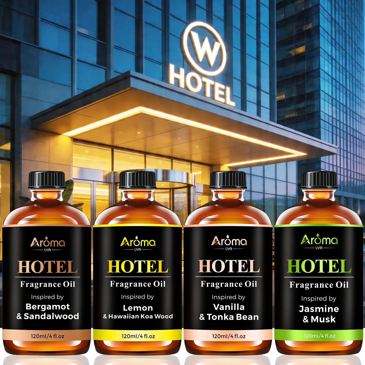 Hotel Scented Essential Oil Bergamot Sandalwood, Vanilla Tonka Bean, Lemon Hawaiian, Jasmine Musk Home Fragrance Oil Long-Lasting Scent for Diffuser 120ml