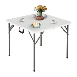 34" Square Folding Card Table, Fold-in-Half Utility Dining Portable Table Heavy Duty HDPE White Plastic Foldable with Carrying Handle Indoor Outdoor for Picnic, Camping, Party