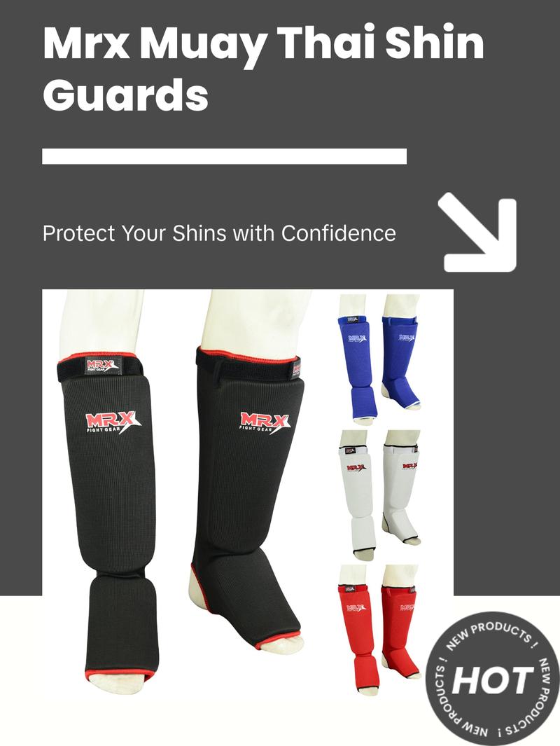 MRX BOXING & FITNESS Muay Thai Shin Guards Kick Boxing Leg & Foot Protector Pad MMA Shin Guard Extra Padding for Men or Women Protective Gear