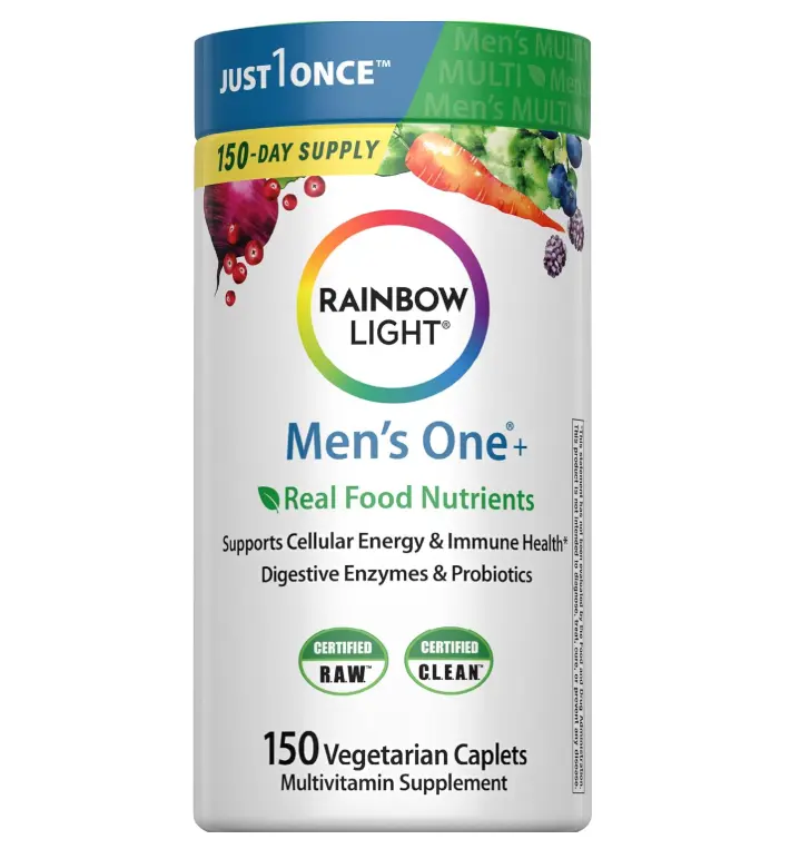Rainbow Light Mens Multivitamin One + | 150 Caplets | Supports Cellular Energy & Immune Health | with Vitamins C, D, and Zinc | Real Food Nutrients, Digestive Enzymes & Probiotics