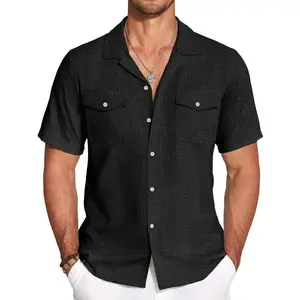 Men's linen short sleeved button up shirt casual Cuban collar summer beach shirt essential for vacation