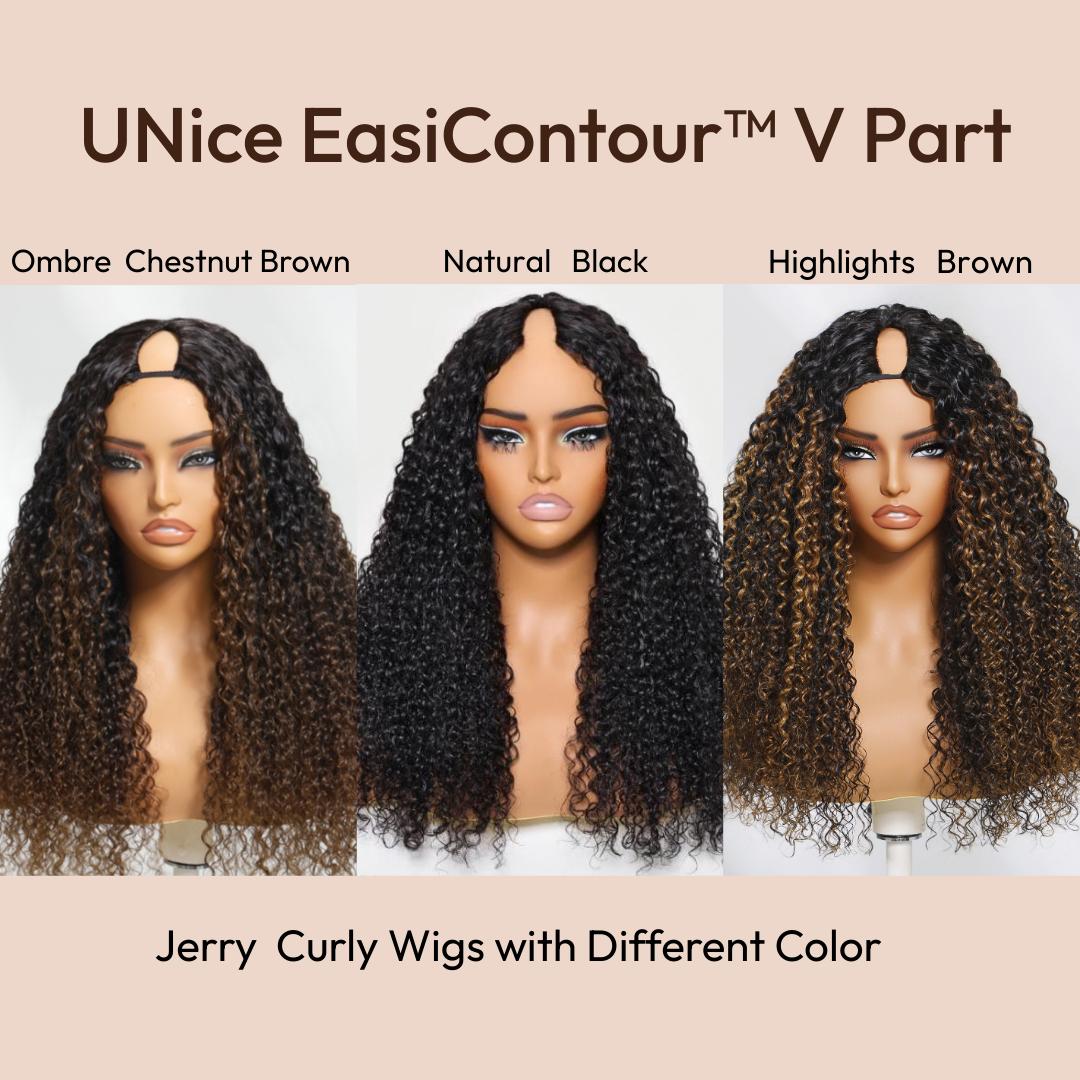 UNice EasiContour V Part Jerry Curly Wig Glueless Blend Natural Human Hair Wigs Beginner Friendly Natural Scalp Daily Using for Women SpringStatements