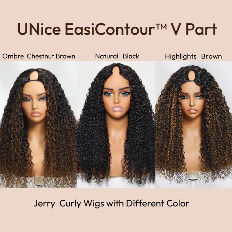 UNice EasiContour V Part Jerry Curly Wig Glueless Blend Natural Human Hair Wigs Beginner Friendly Natural Scalp Daily Using for Women
