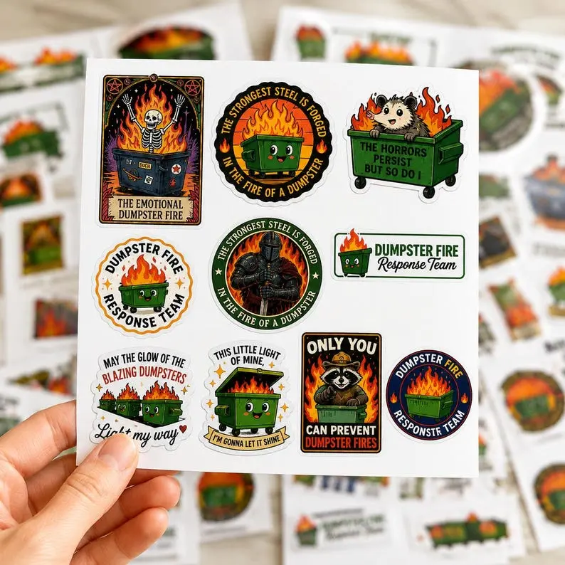 10PCS Dumpster Fire Sticker Pack, Funny Trash Can Decals, Chaos Burnout Response Team Stickers, Laptop Water Bottle Vinyl Decals