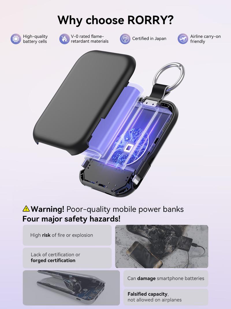 RORRY Portable Charger 5000mAh Power Bank with Type-C Dual Lightning Cables Keychain for iPhone Android iPad Switch Lightweight Compact Gift RORRY Portable Charger 5000mAh Power Bank with Type-C Dual Lightning Cables Keychain for iPhone Android iPad Switch Lightweight Compact Gift