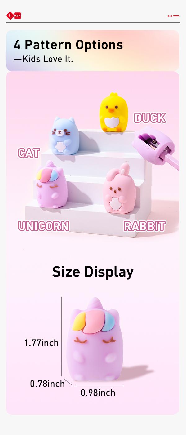 iiGEN 4PCS Cute Animal Pencil Sharpener Set Unicorn DUCK RABBIT CAT Stainless Steel Safe Long Lasting Kids Stationery