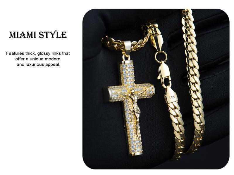 Holylegend 14k Real Gold-Plated Cuban , Figaro, Miami Cross with Jesus Christ Crucifix,24 inches Long and 6mm Wide,Handcrafted Polishing and Multiple Electroplating Daily Wear Necklace