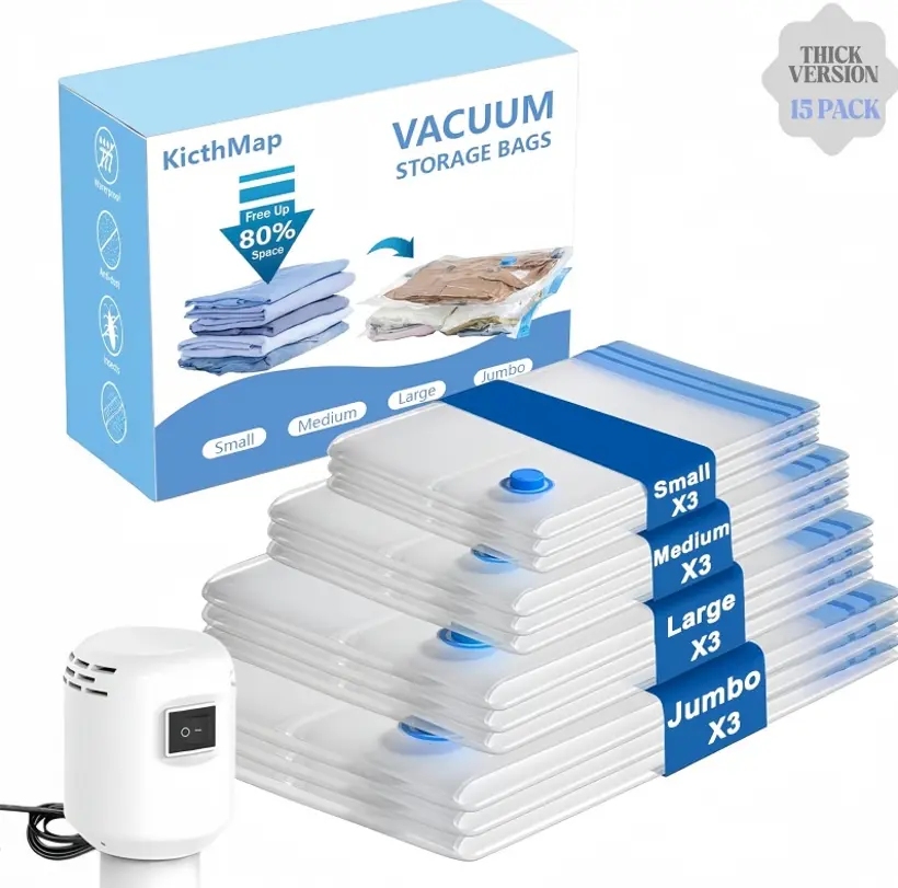 【2026 Upgraded】 Travel Vacuum Storage Compression Bag Set with Rechargeable air Pump 15 Pack Waterproof & Reusable Compression Packing Bags for 2 Size,140L/Min Powerful Air Removal，Perfect for Carry-On Suitcases,dorm essentials,home decor