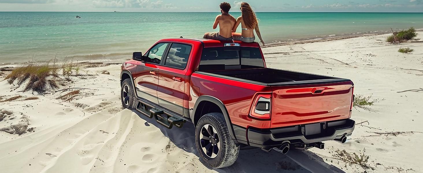 YITAMOTOR Wheel to Wheel Running Boards Compatible with 2009-2018 Dodge Ram 1500 Crew Cab, 2019-2024 1500 Classic, 2010-2024 Ram 2500 3500, Bed Access Side Steps, Two Stairs Nerf Bars Black Powder Coated