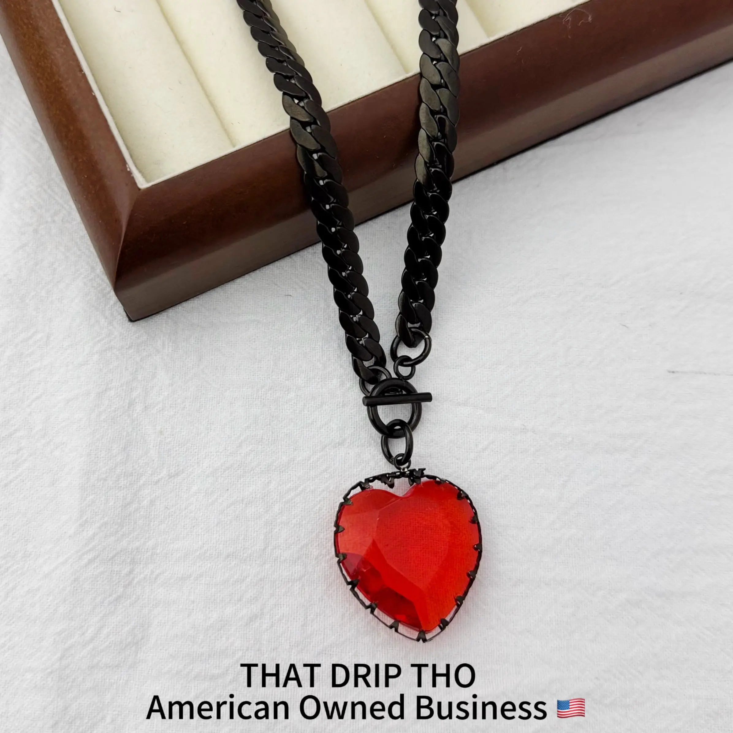 Ruby Gem Heart Pendant Black Slip Chain Jewelry Necklace, Adjustable Durable Thick Chain for Couples, Gf, Bf, Fashion Jewelry for Alternative Women & Men, Gothic Girl Chain Daily Collar, Altfashion Necklace with Pull Chain