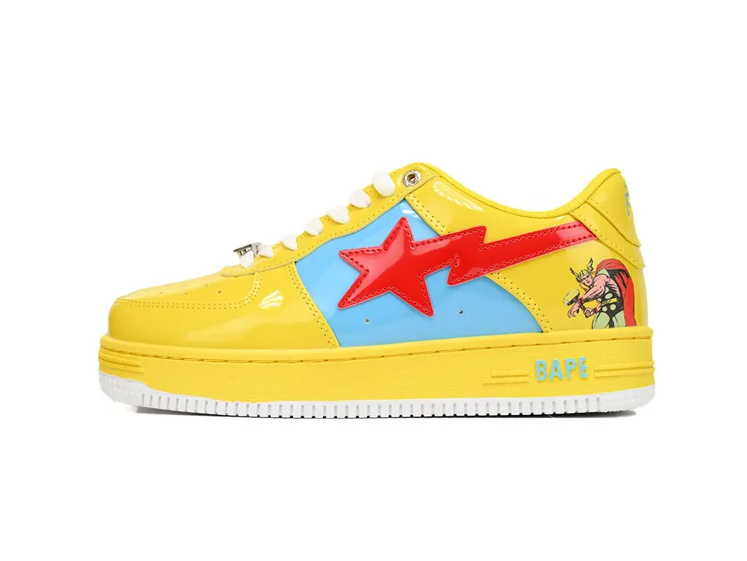 Bright Yellow Color Block Gloss Platform Shoes, Cartoon Print Contrast Red Star Side Logo Shock Absorbing Sole Couple Hip Hop Casual Skate Trainers