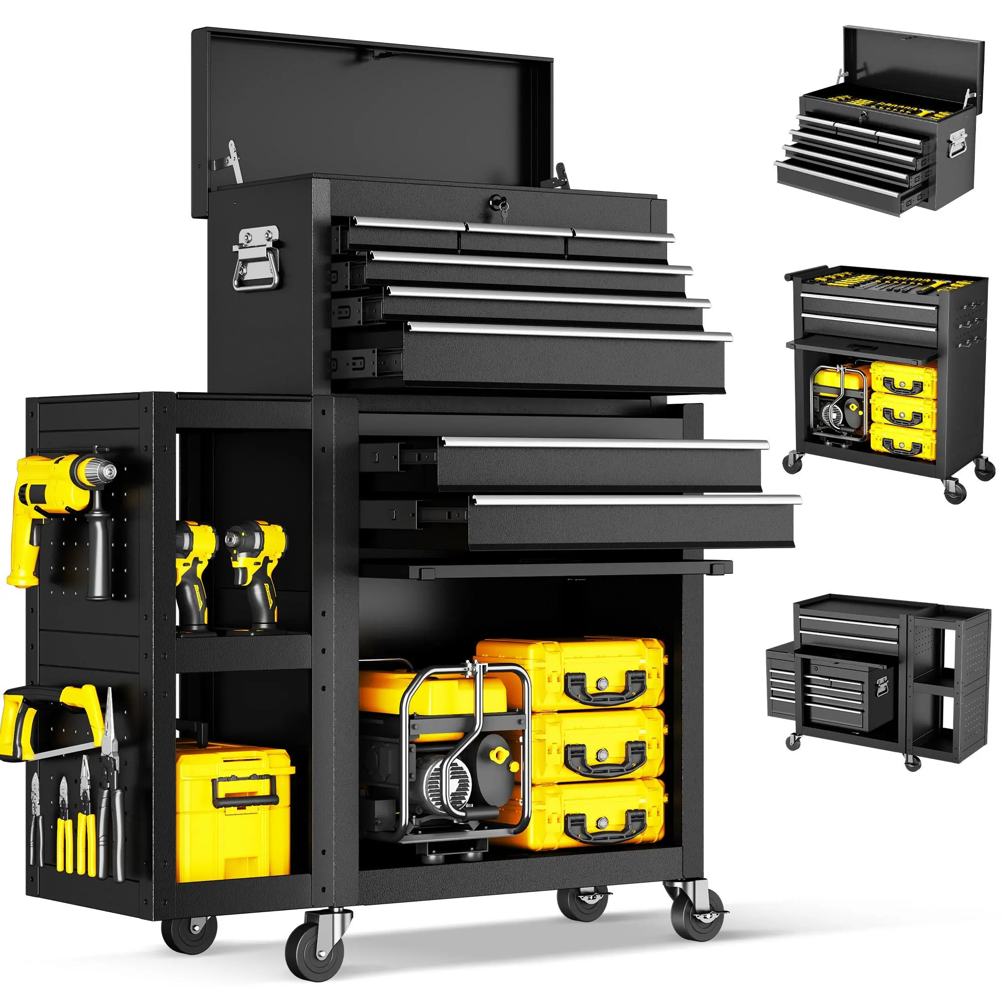 8-Drawer Rolling Tool Chest, Heavy Duty Detachable Tool Box Organizer with Lockable Drawers, Wheels, Side Hooks & Large Storage Cabinet for Garage Workshop Tools