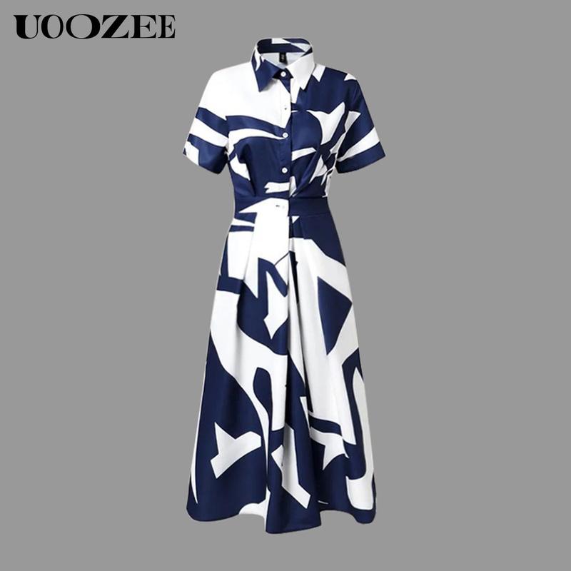 UOOZEE women's long-sleeved loose solid color lapel midi dress, waist design, comfortable and elegant, a must-have for commuting and formal occasions Midi Cloth, with pockets Modest Clothes