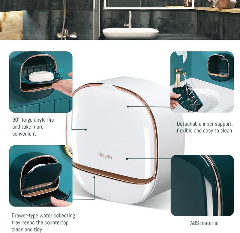 Luxury Soaps Holder with Drain Tray, Wall Mounted Drain Soap Box with Flip Lid for Bathroo, Waterproof Soaps Dish Bar