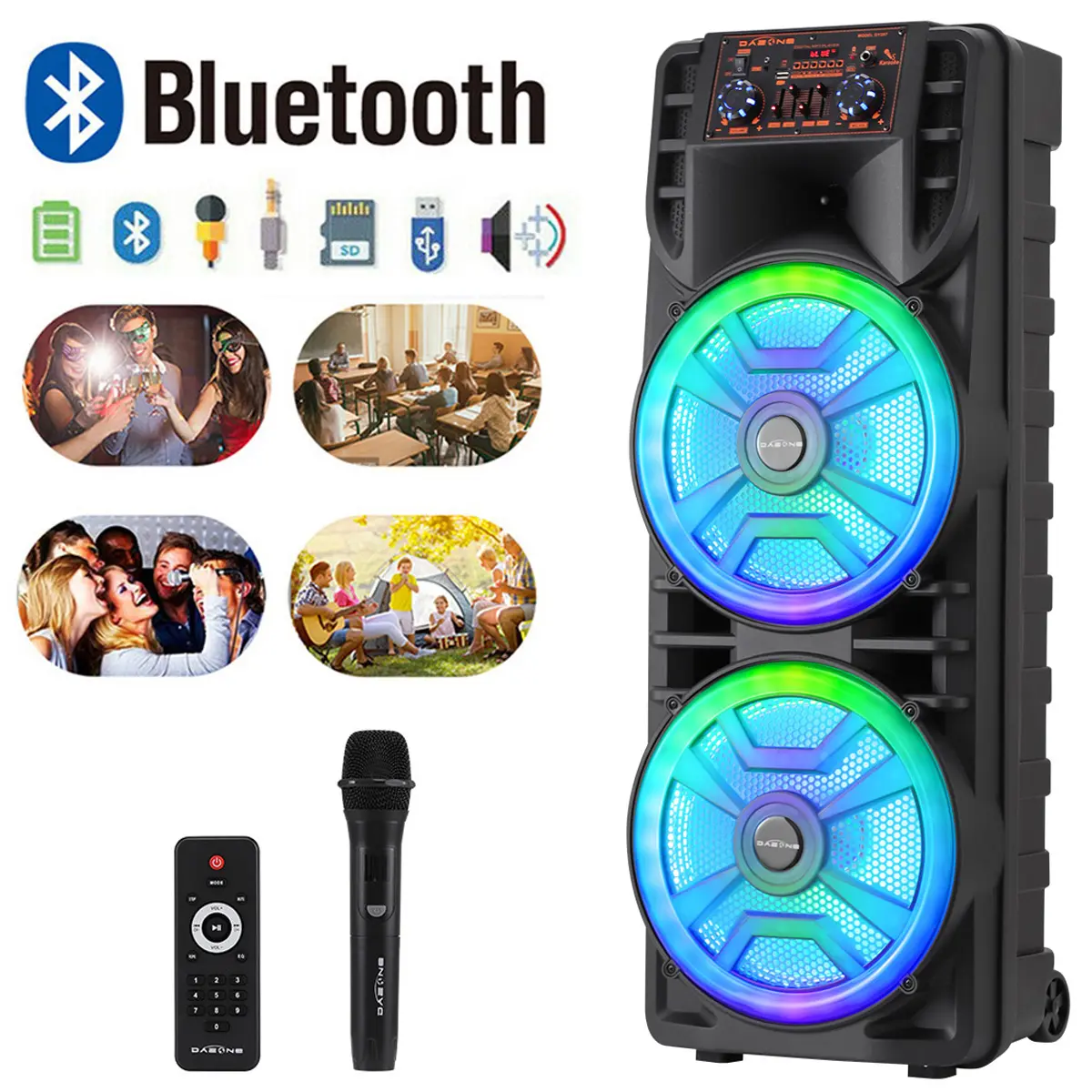 Portable Bluetooth Speaker Dual 12" Woofer Wireless Microphone Karaoke Machine PA Speaker System DJ LED Lights For Big Party Outdoor USB/TF/BT/AUX/TWS,back to school,back to school haul