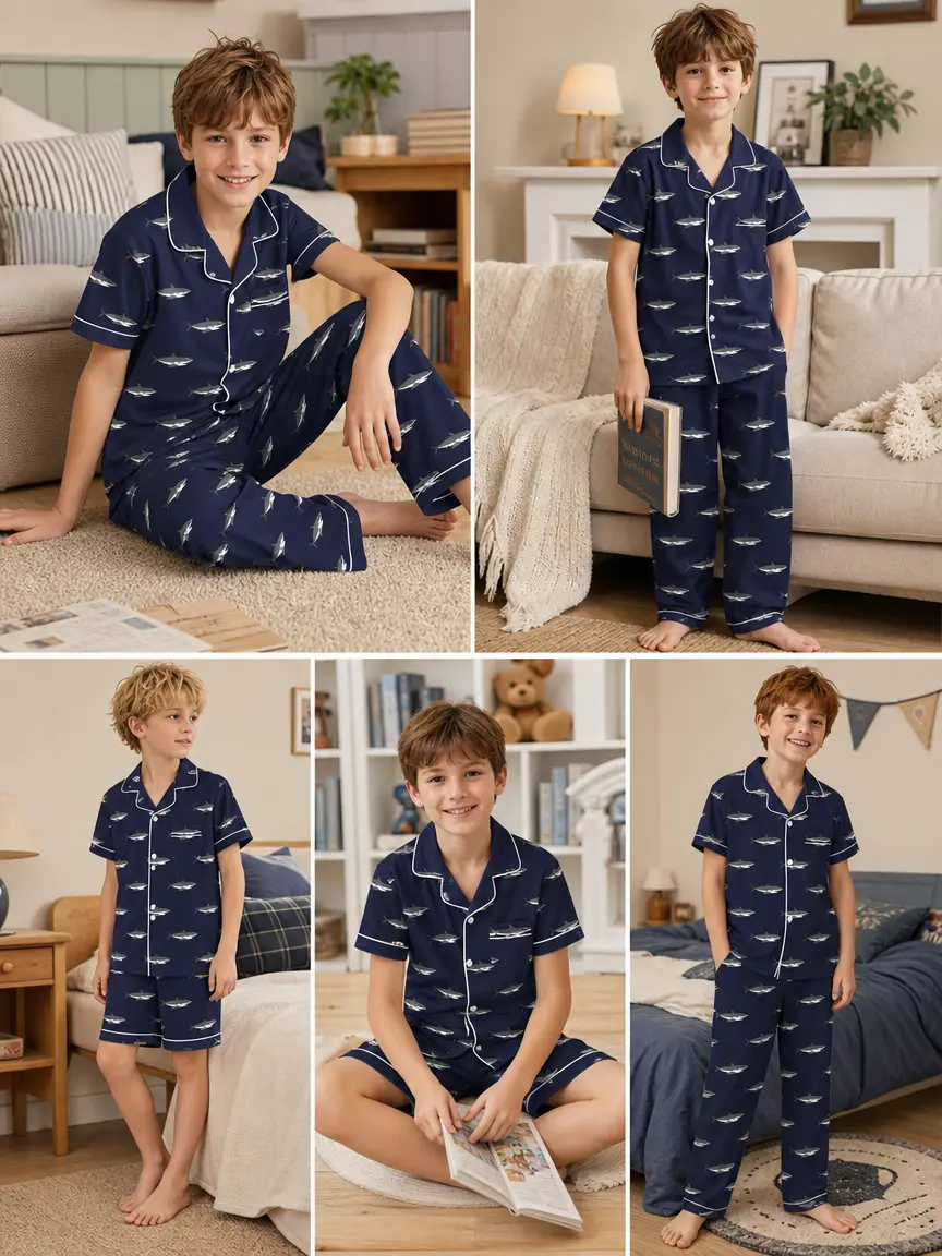 Boys' 3-Piece Soft Button-Down Short-Sleeve Pajama Set - Kids' Loungewear Sleepwear for 5-14 Years