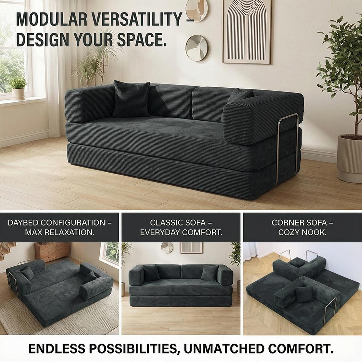 79" Convertible Sleeper Sofa Bed with Cylindrical Pillow Corduroy Folding Mattress Couch Fixed-Shape Frame Modular Compressible Living Room Sofa Set Vintage Suede Comfortable Lounge Chair Lazy Sofa Bean Bag Bedroom Sleeper Modern Cloud Loveseat