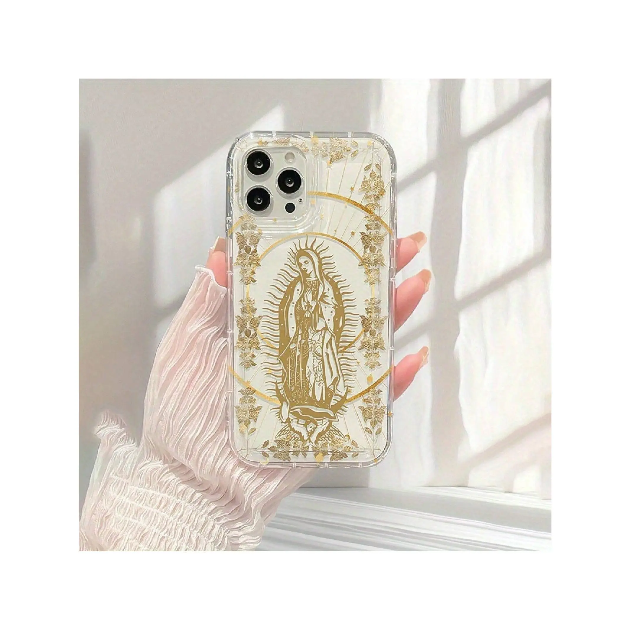 A Mobile Phone Case With Creative Golden Line Painting And Luminous Virgin Mary Pattern, Suitable For iPhone 11/12/13/14/15/17pro/plus/X/Xs Max for Samsung Galaxy S24 for Samsung Galaxy S24