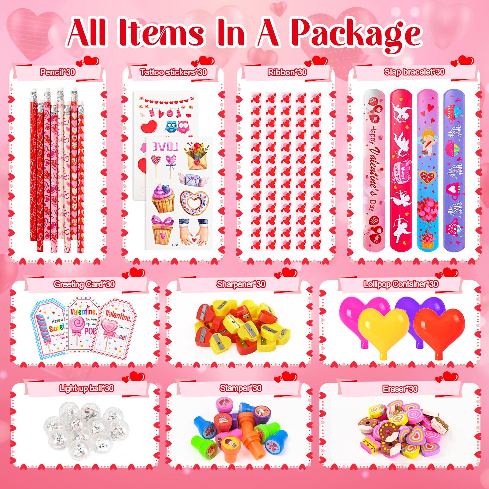 30 Pack Valentines Day Gifts for Kids - Glowing Heart Lollipop-Shaped Stationery Set with Valentine's Cards for School Classroom Class Party Favor Classroom School Exchange Birthday Party Gift
