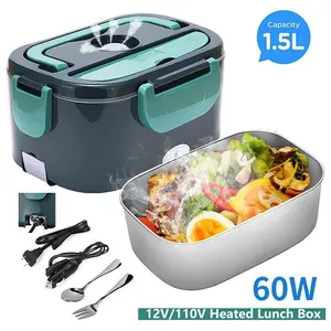 Electric Lunch Box Food Heater, 2 in 1 Portable Heated Lunch Box for Car Truck Home Work Adults Food Heating, Leak Proof, 1.5L Removable Stainless Steel Container, 110V/12V/24V 60W