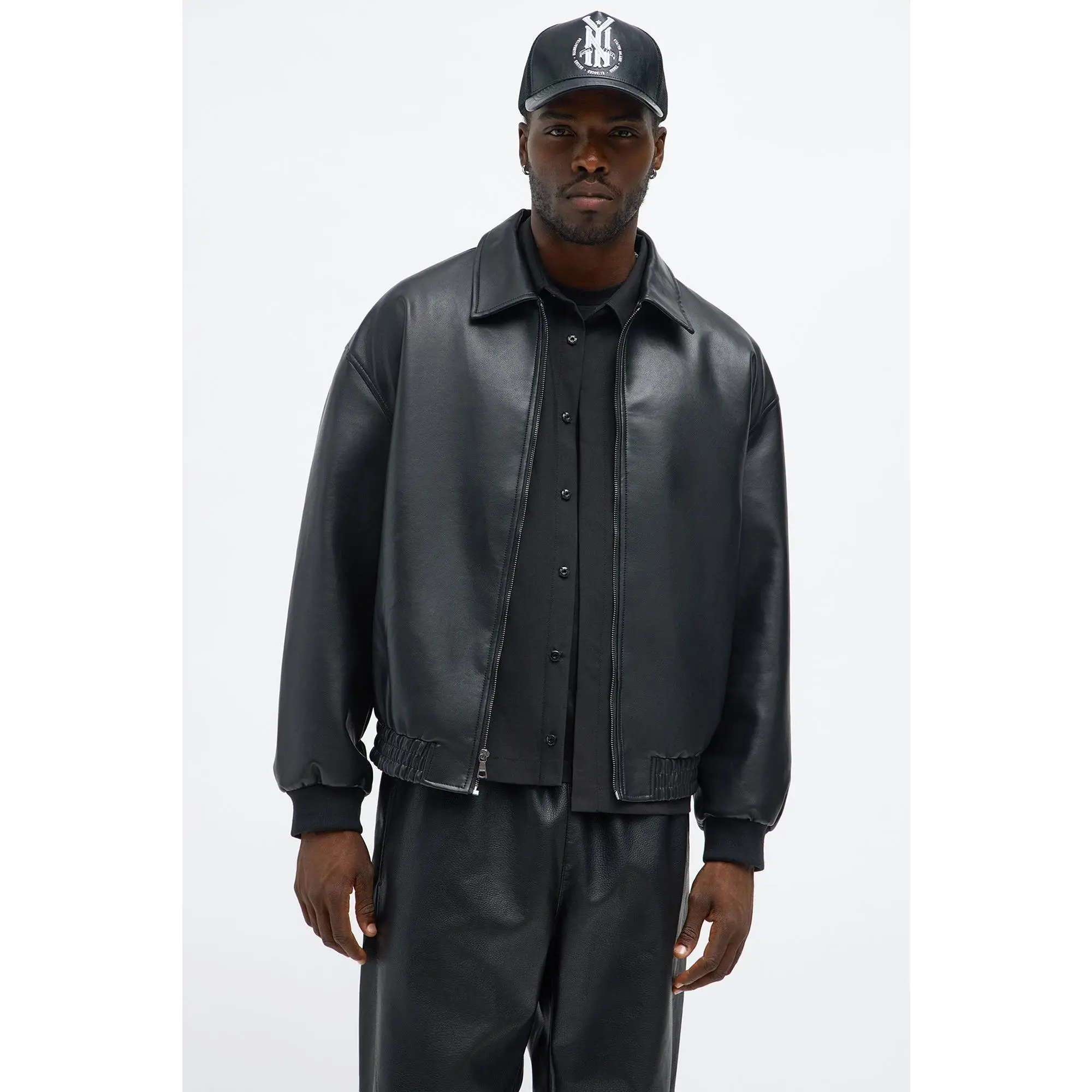 Faux Leather Work Jacket - Black