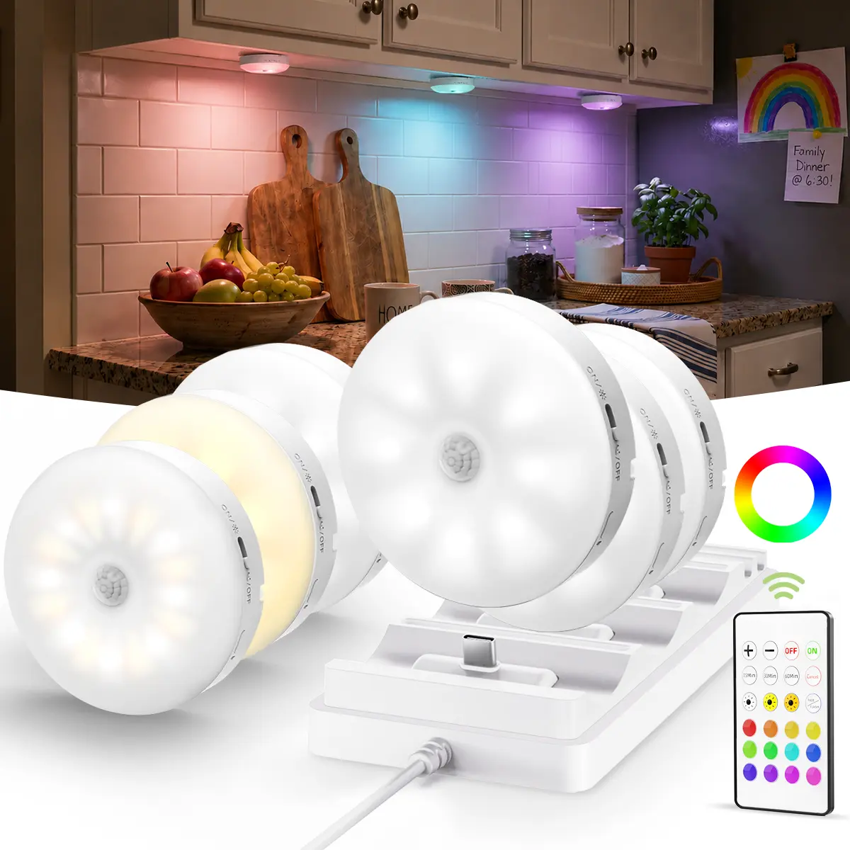 EZVALO Under Cabinet Lighting with Charging Station, 1000mAh Rechargeable Puck Lights with Remote, 3 Color Temps & RGB Closet Lights, Dimmable Motion Sensor Lamp Night Light for Shelf, Kitchen, Dorm Room, Gaming Setup, Halloween Decor, Renter-Friendly