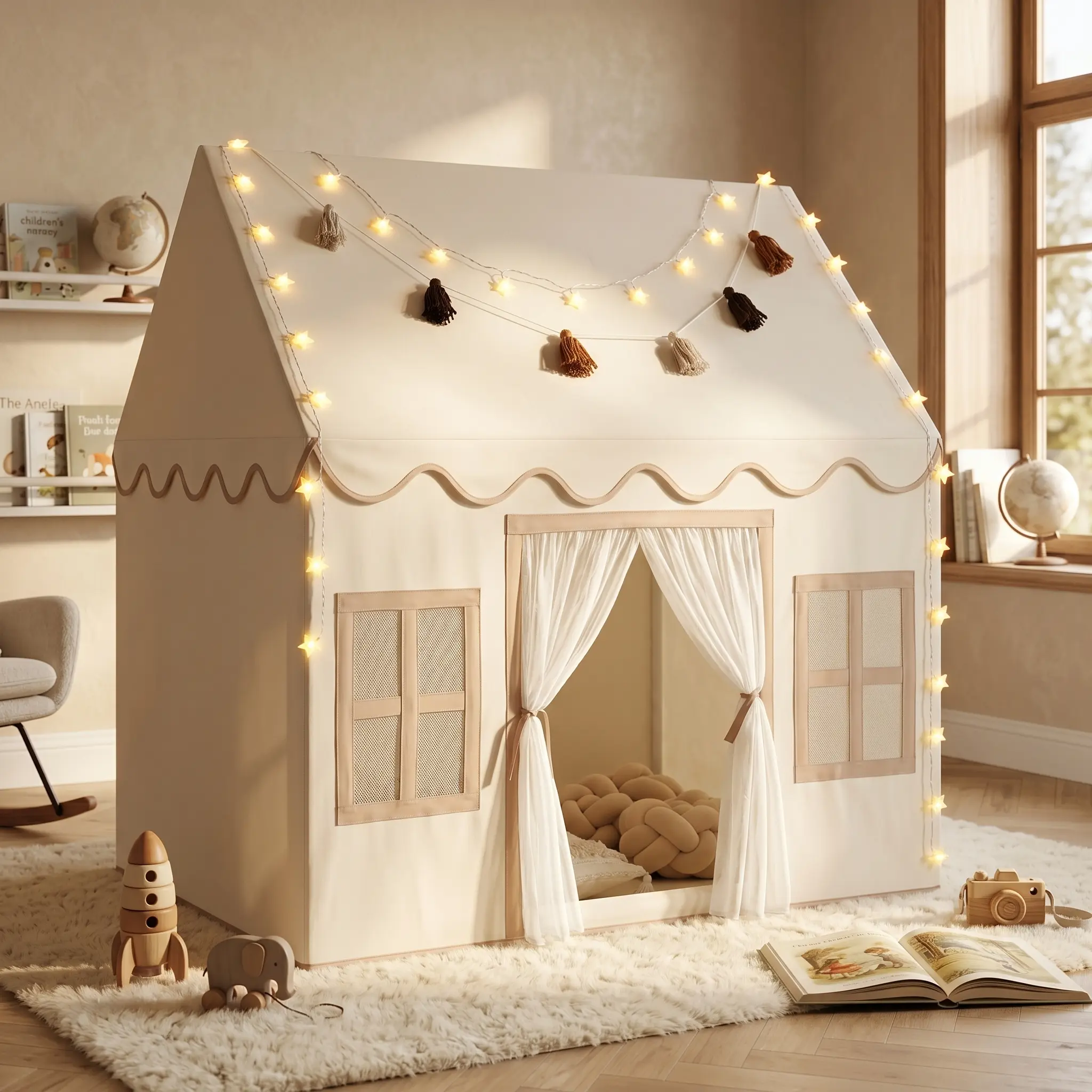 Apojungle Toddler Indoor Play Tent - Soft Comfortable Fabric Cottage Playhouse with Star Lights, Tassels, Breathable Windows, Spacious Safe Build, Dreamy Enchanted Atmosphere, Sports & Indoor Use Living Space Gift for Bedroom Imaginary Play