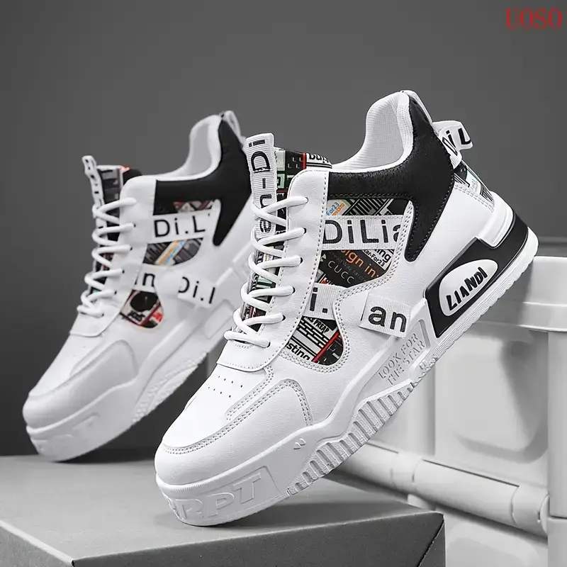UOSO 1pair Men'S Preppy Mid-Top Sneakers - Casual Sports Style, Solid & Random Pattern, All-Season Lace-Up, Faux & Fabric Upper, PVC Sole, EVA Insole, for Hiking & Daily Wear